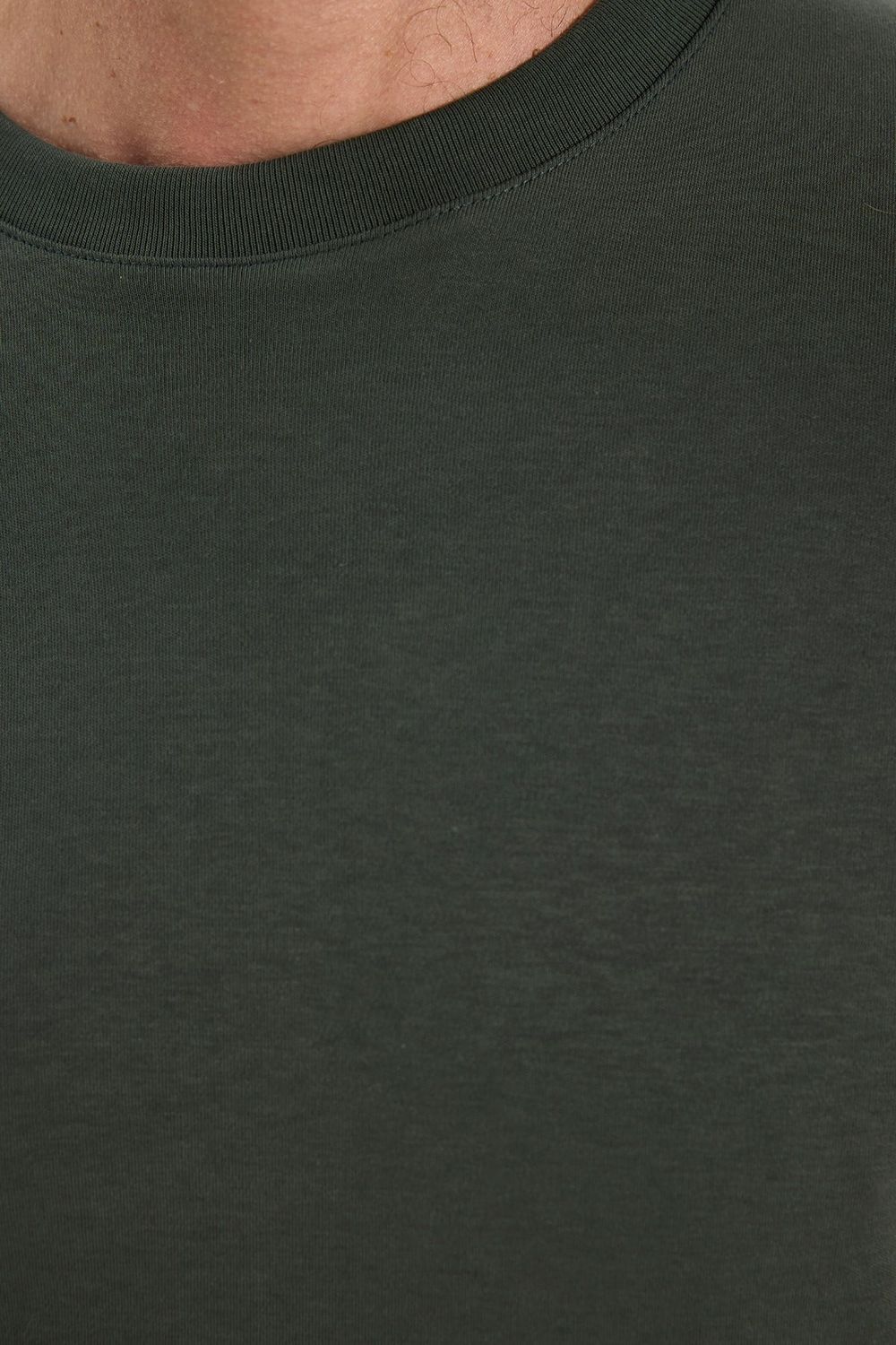 Unisex Relax Fit Rahat Kesim %100 Pamuk Uzun Kollu Bisiklet Yaka Yeşil Basic Tişört