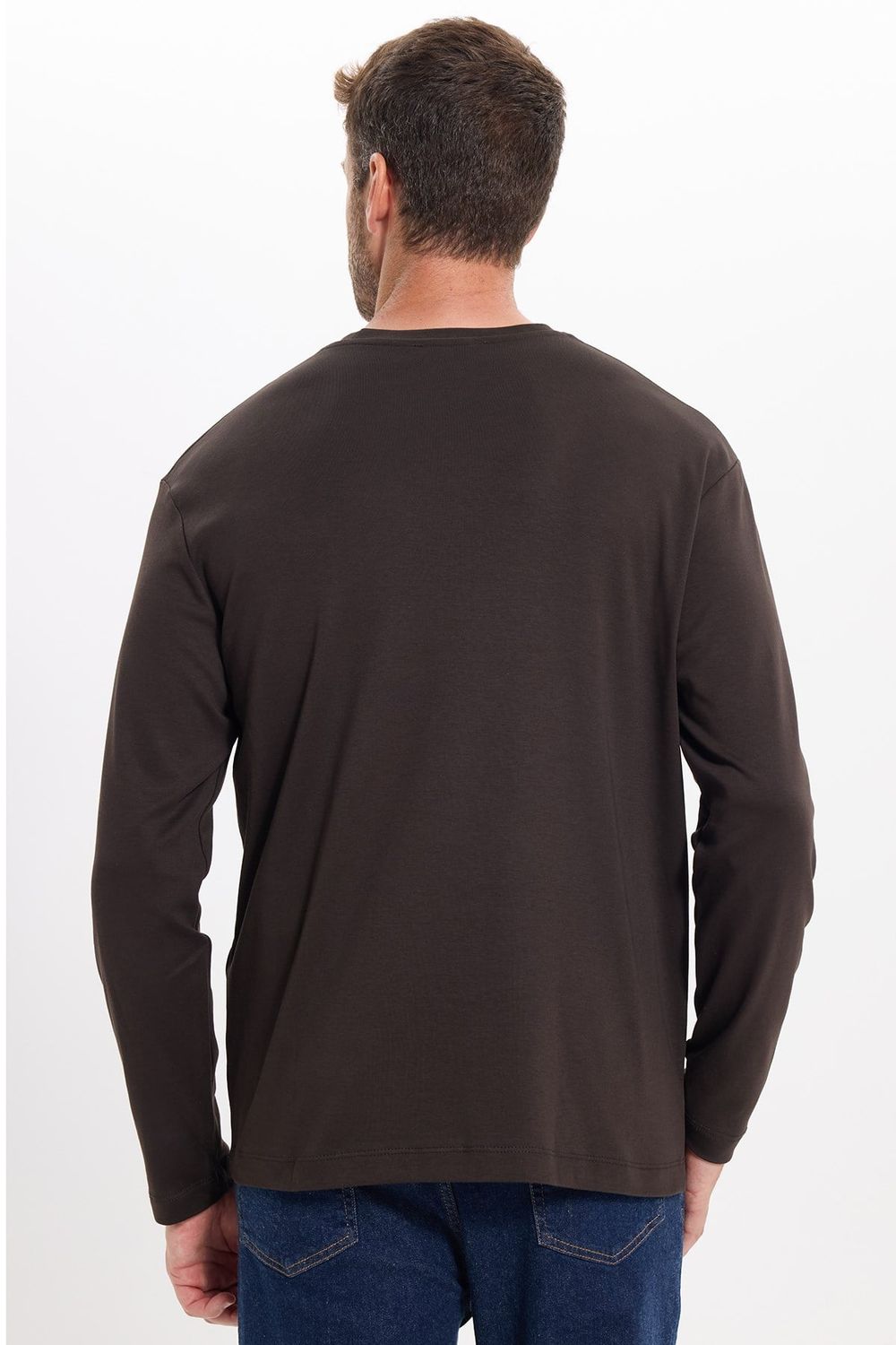 Unisex Relax Fit Rahat Kesim %100 Pamuk Uzun Kollu Bisiklet Yaka Kahverengi Basic Tişört