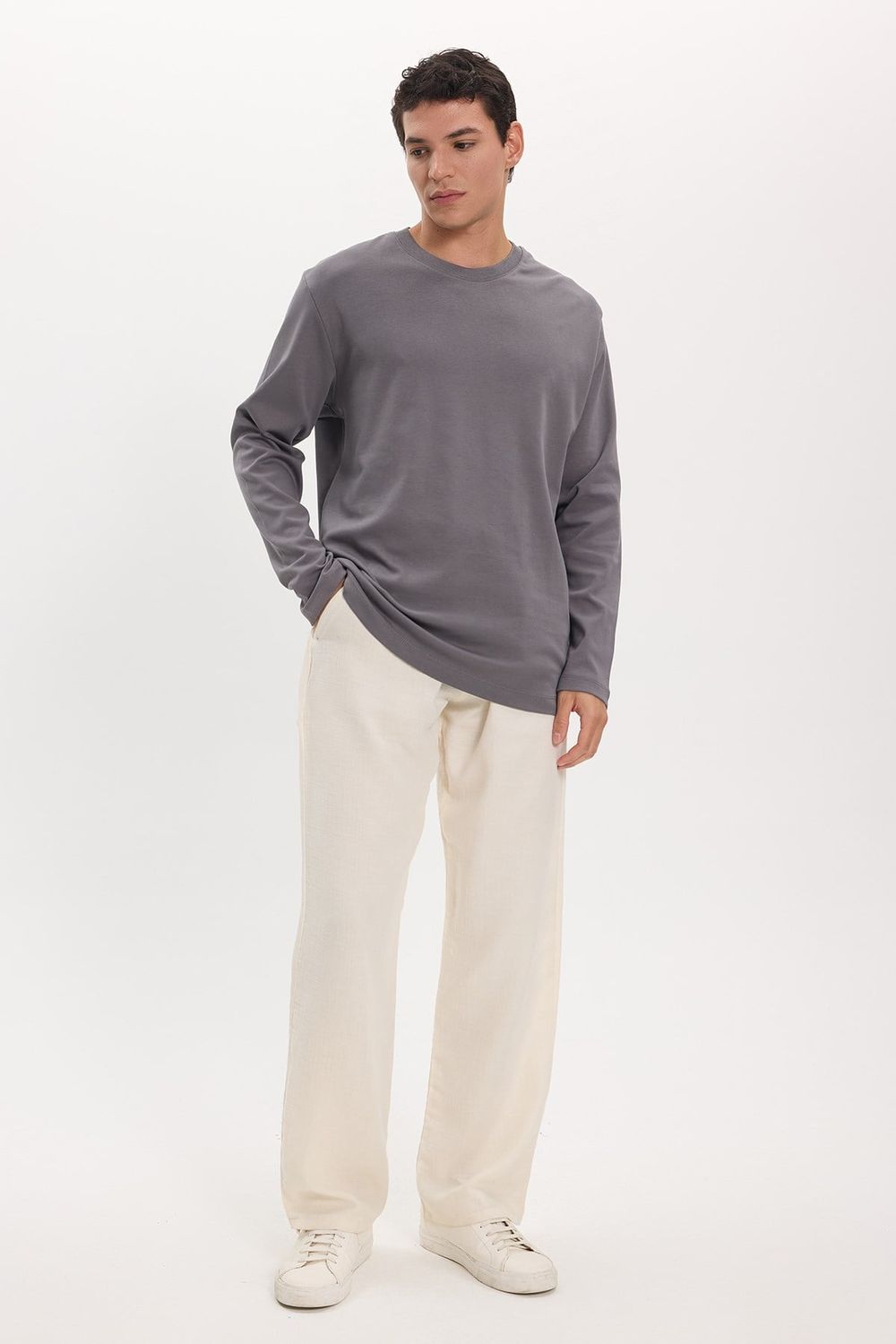 Unisex Relax Fit Rahat Kesim %100 Pamuk Uzun Kollu Bisiklet Yaka Koyu Gri Basic Tişört