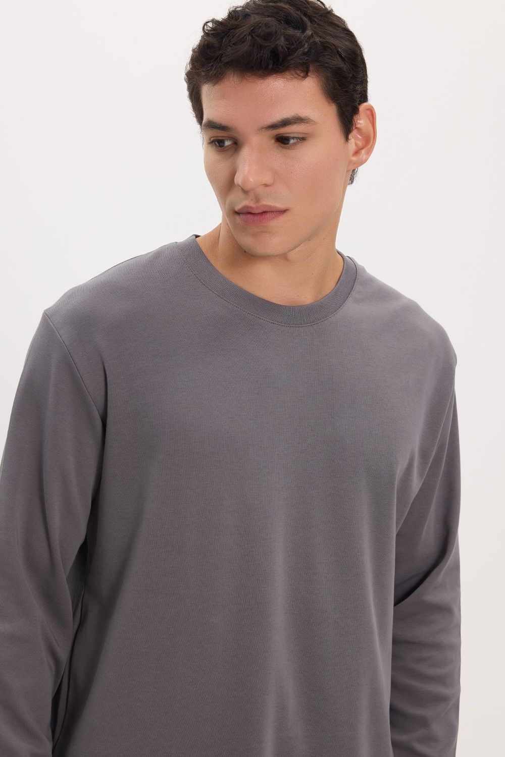 Unisex Relax Fit Rahat Kesim %100 Pamuk Uzun Kollu Bisiklet Yaka Koyu Gri Basic Tişört