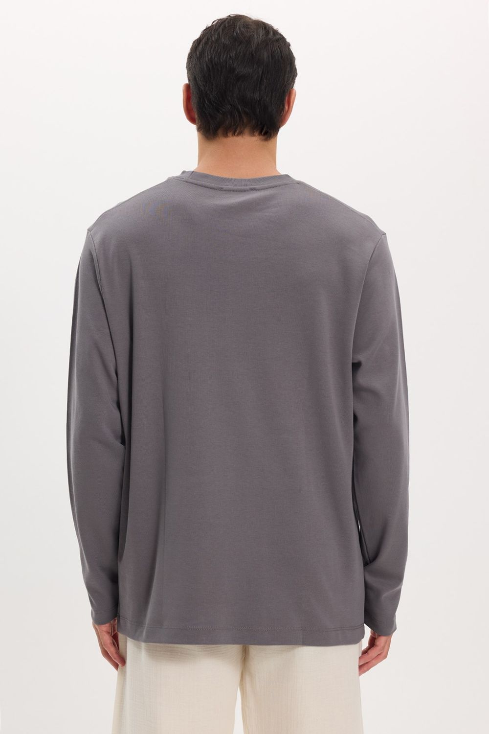 Unisex Relax Fit Rahat Kesim %100 Pamuk Uzun Kollu Bisiklet Yaka Koyu Gri Basic Tişört