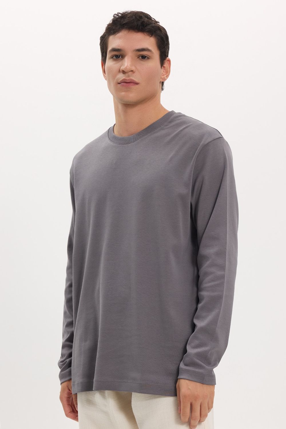 Unisex Relax Fit Rahat Kesim %100 Pamuk Uzun Kollu Bisiklet Yaka Koyu Gri Basic Tişört