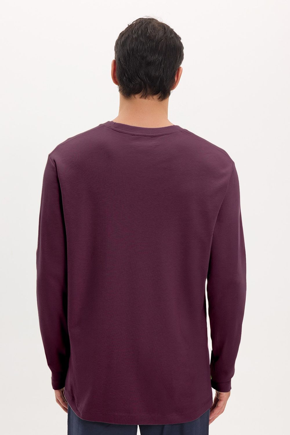 Unisex Relax Fit Rahat Kesim %100 Pamuk Uzun Kollu Bisiklet Yaka Bordo Basic Tişört