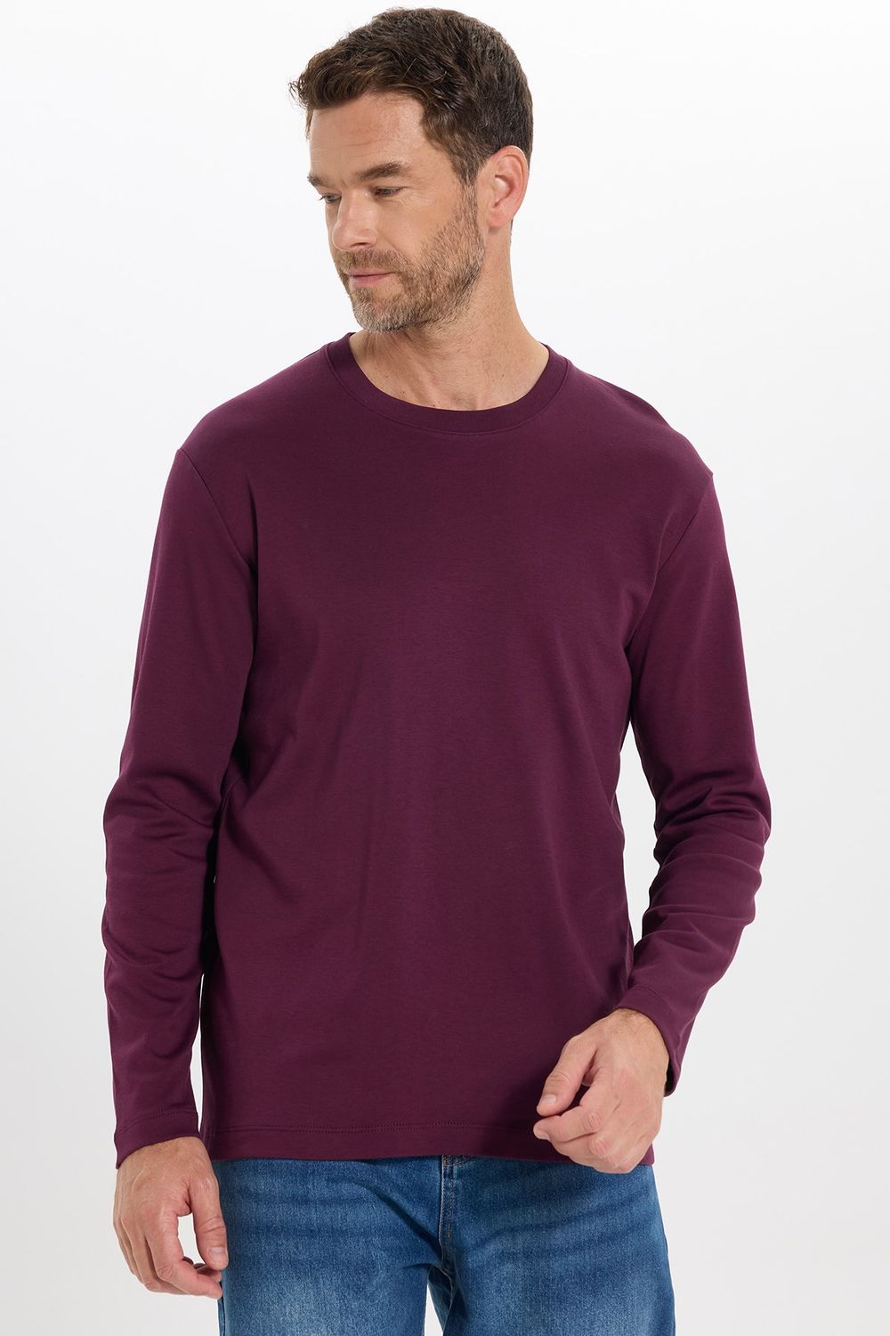 Unisex Relax Fit Rahat Kesim %100 Pamuk Uzun Kollu Bisiklet Yaka Bordo Basic Tişört