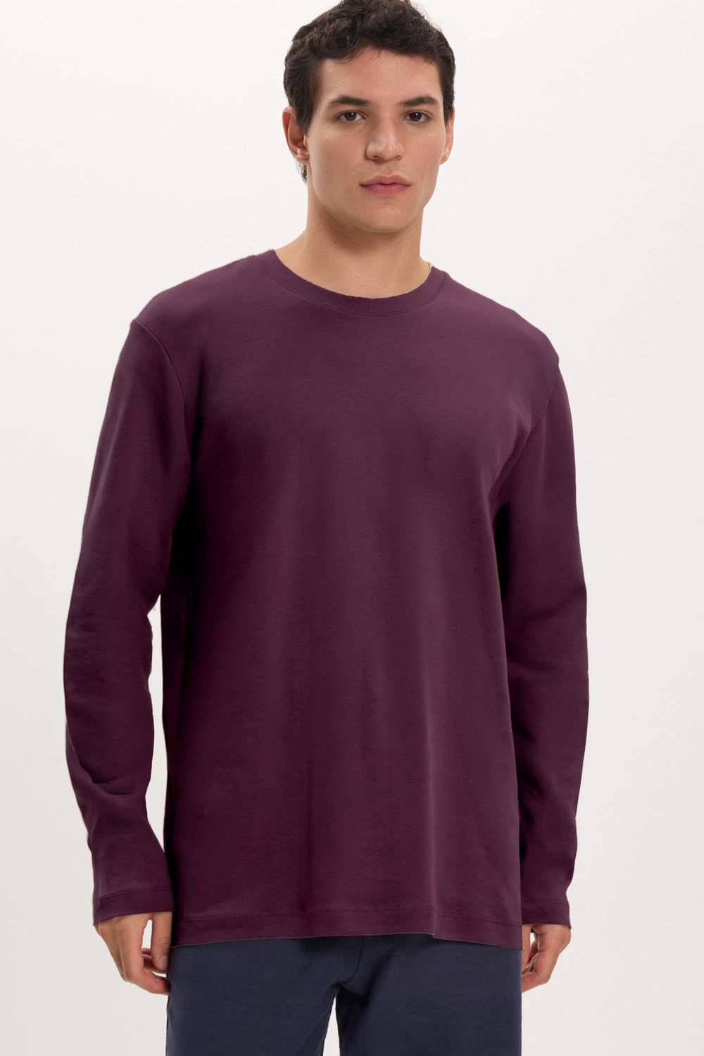 Unisex Relax Fit Rahat Kesim %100 Pamuk Uzun Kollu Bisiklet Yaka Bordo Basic Tişört