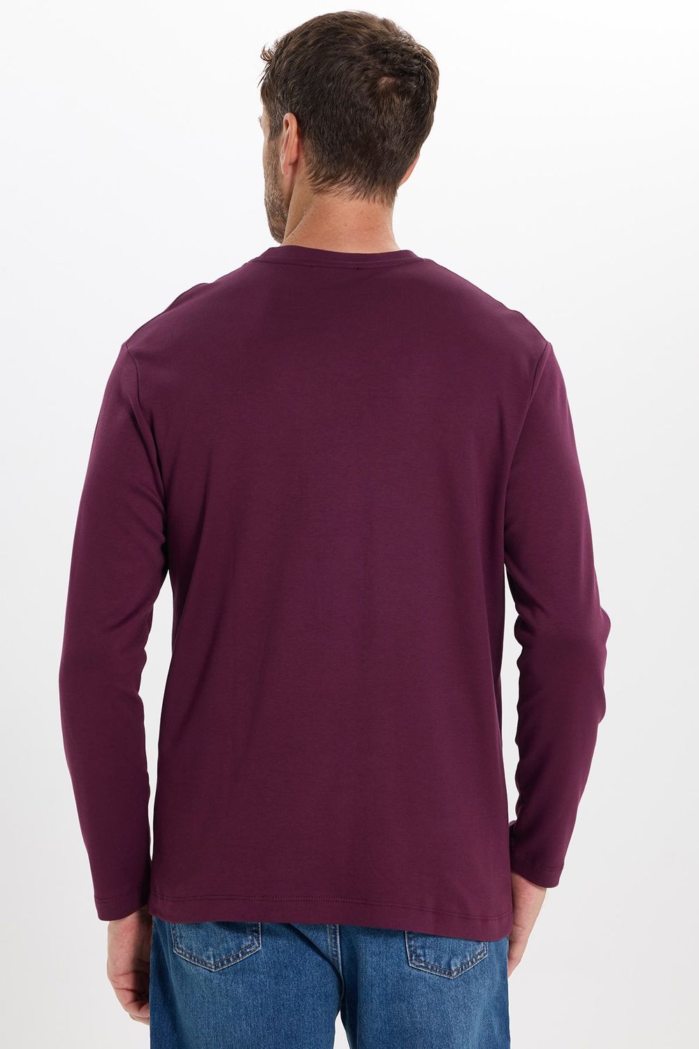 Unisex Relax Fit Rahat Kesim %100 Pamuk Uzun Kollu Bisiklet Yaka Bordo Basic Tişört