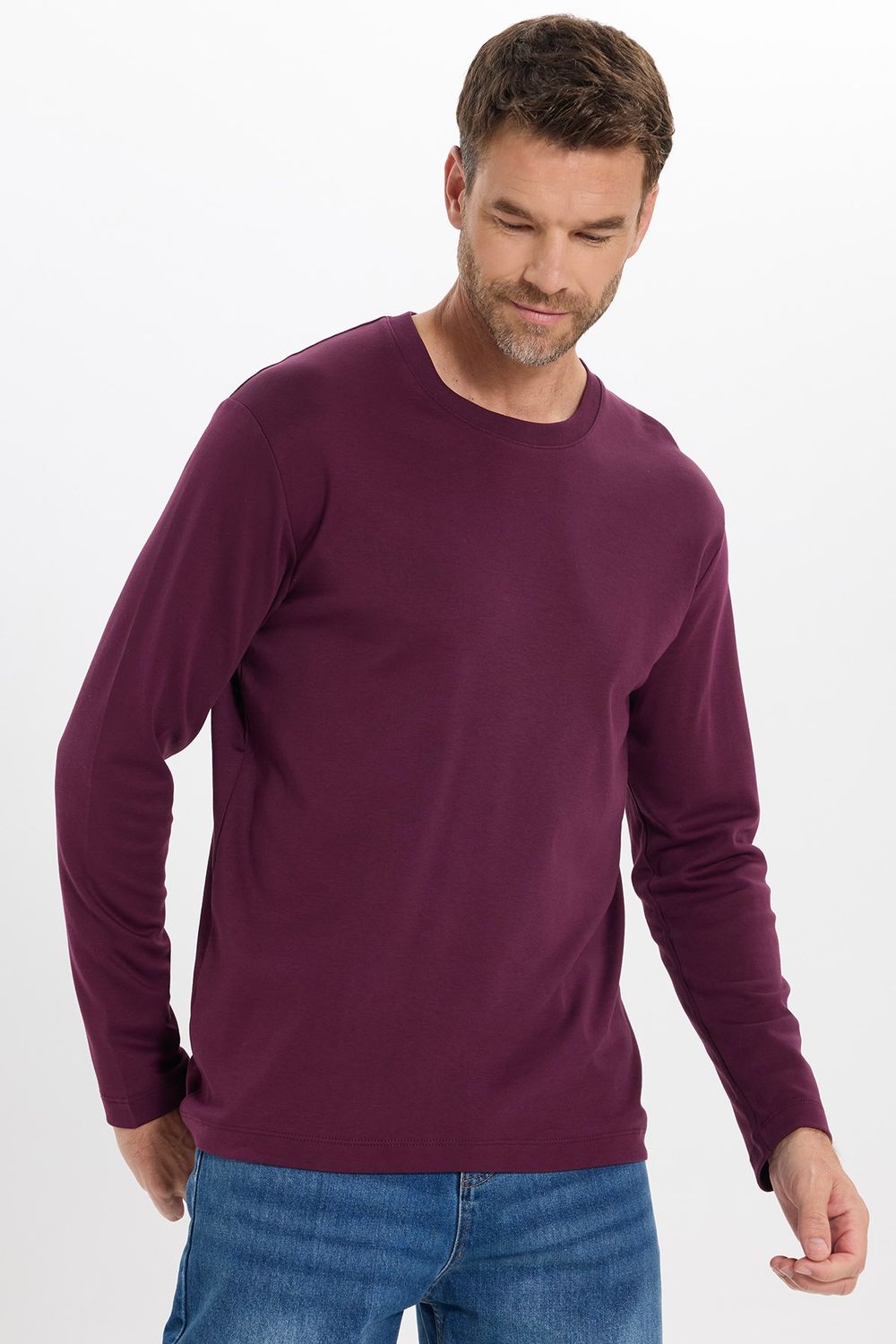Unisex Relax Fit Rahat Kesim %100 Pamuk Uzun Kollu Bisiklet Yaka Bordo Basic Tişört