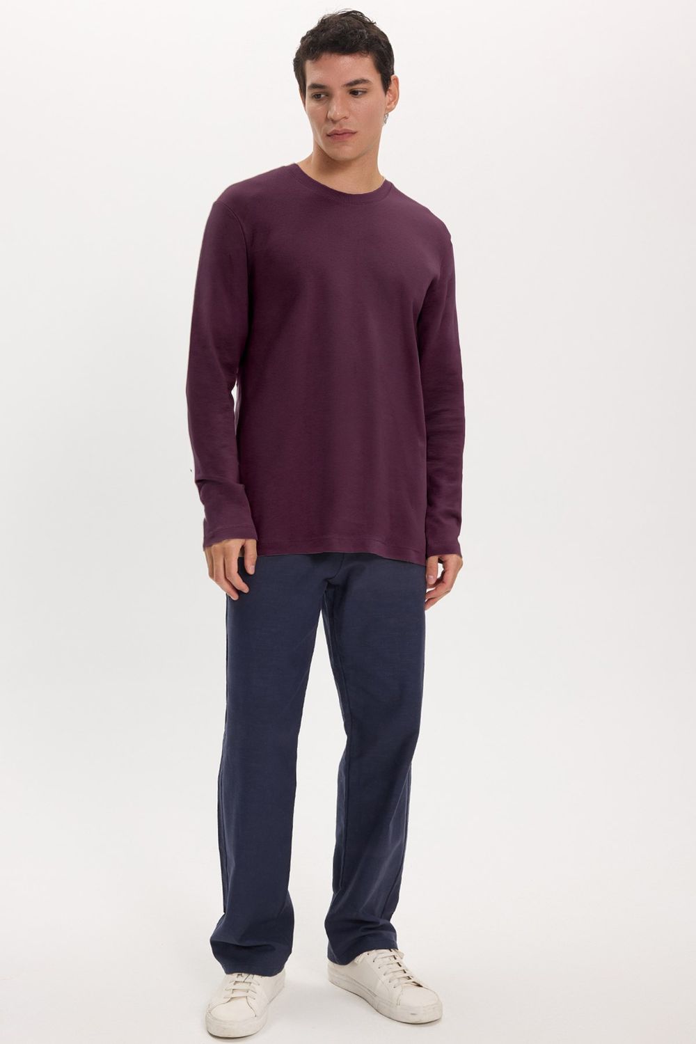 Unisex Relax Fit Rahat Kesim %100 Pamuk Uzun Kollu Bisiklet Yaka Bordo Basic Tişört