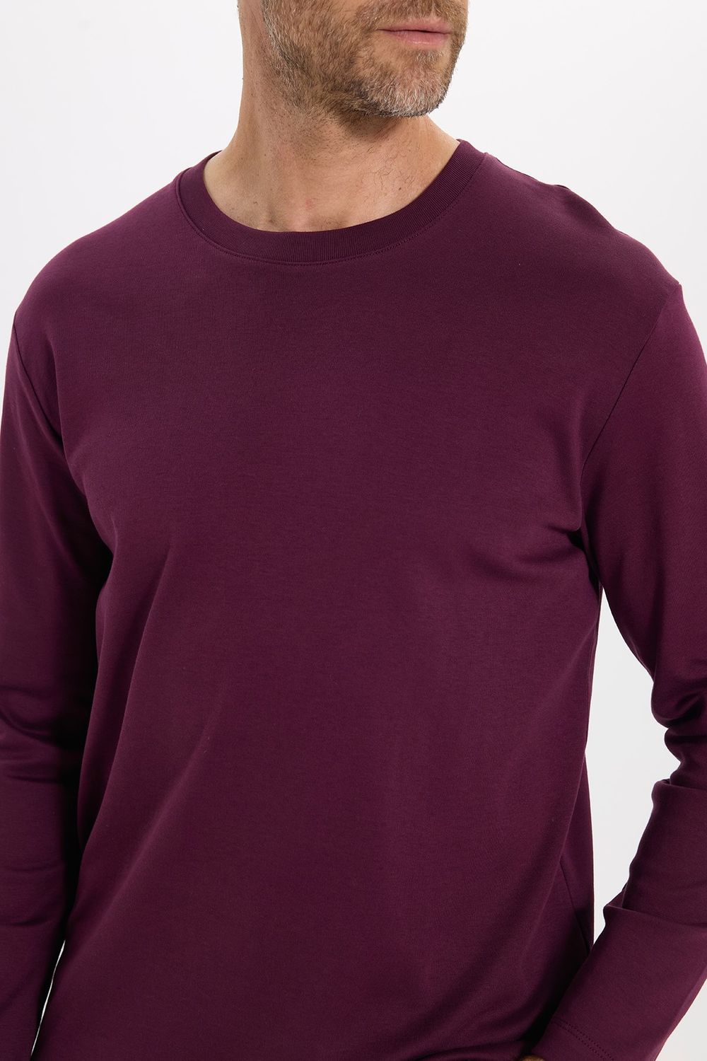 Unisex Relax Fit Rahat Kesim %100 Pamuk Uzun Kollu Bisiklet Yaka Bordo Basic Tişört