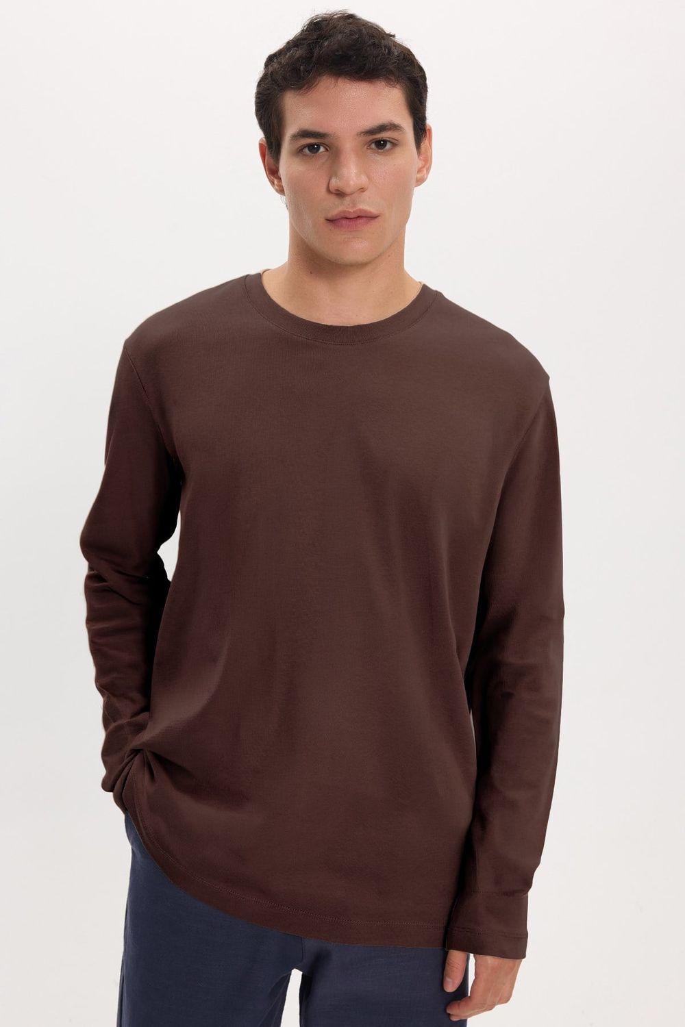 Unisex Relax Fit Rahat Kesim %100 Pamuk Uzun Kollu Bisiklet Yaka Kahverengi Basic Tişört