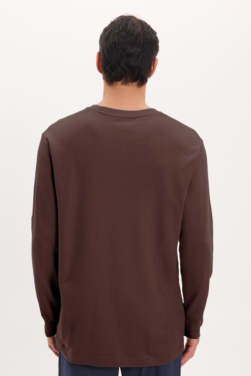 Unisex Relax Fit Rahat Kesim %100 Pamuk Uzun Kollu Bisiklet Yaka Kahverengi Basic Tişört