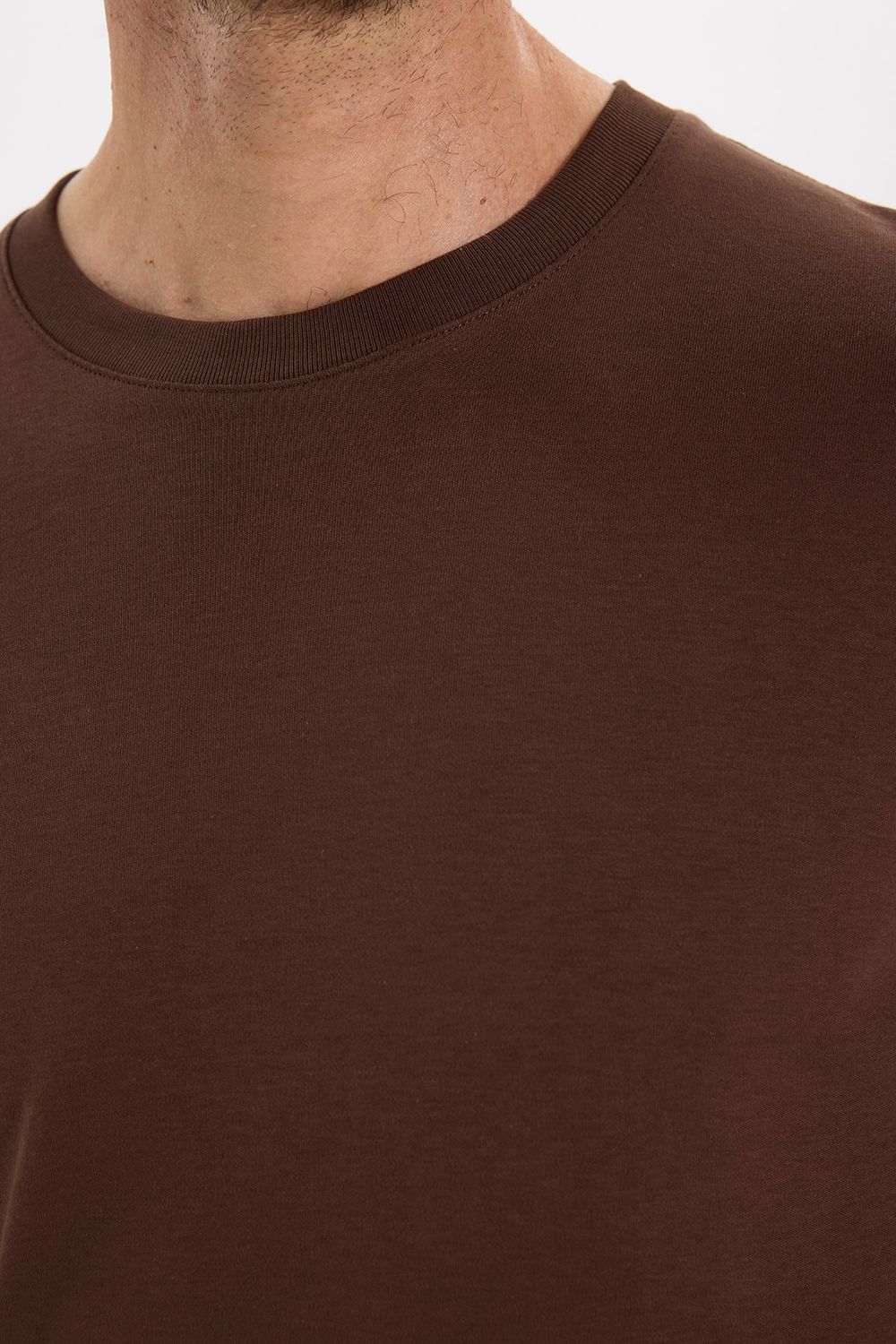 Unisex Relax Fit Rahat Kesim %100 Pamuk Uzun Kollu Bisiklet Yaka Kahverengi Basic Tişört