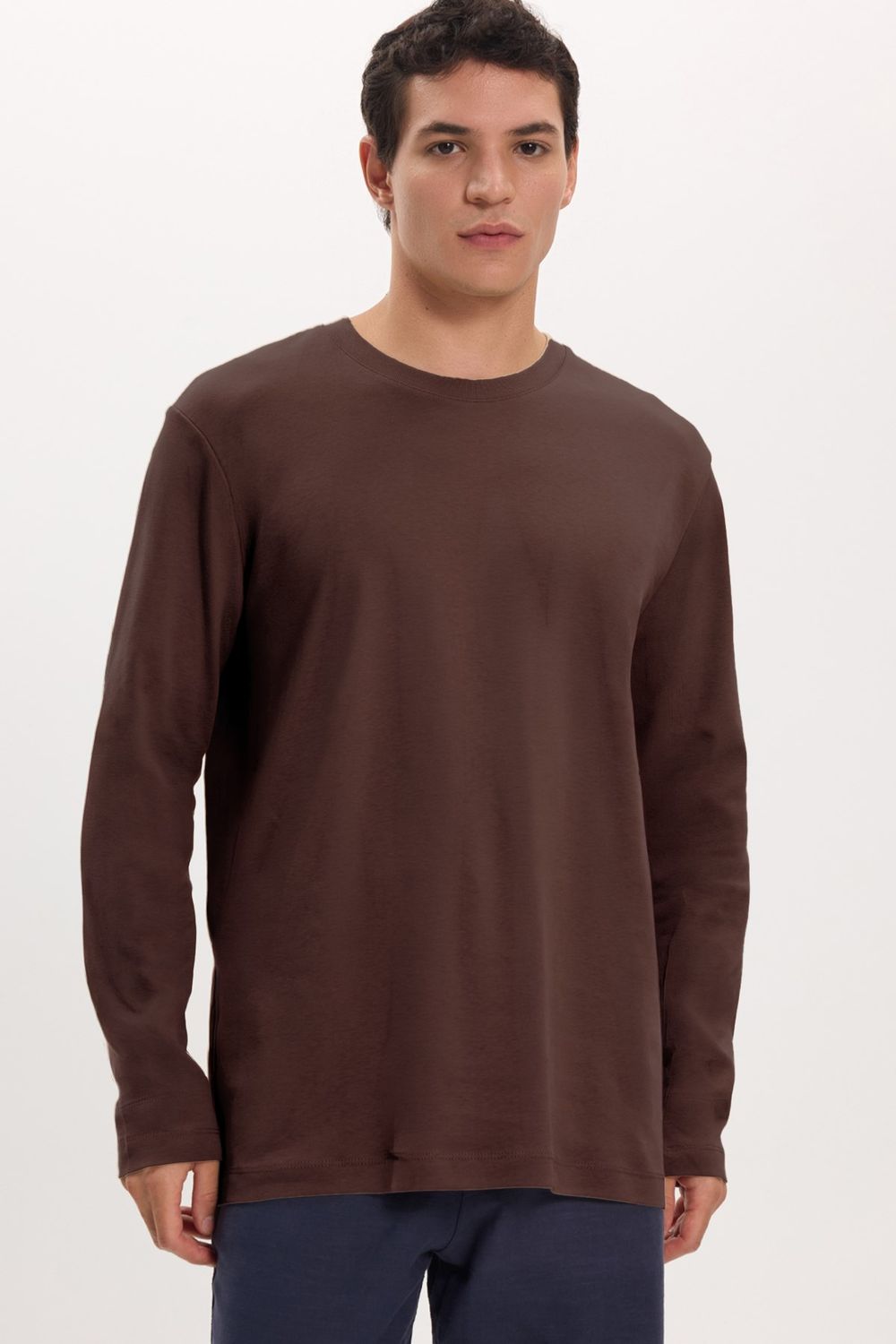 Unisex Relax Fit Rahat Kesim %100 Pamuk Uzun Kollu Bisiklet Yaka Kahverengi Basic Tişört