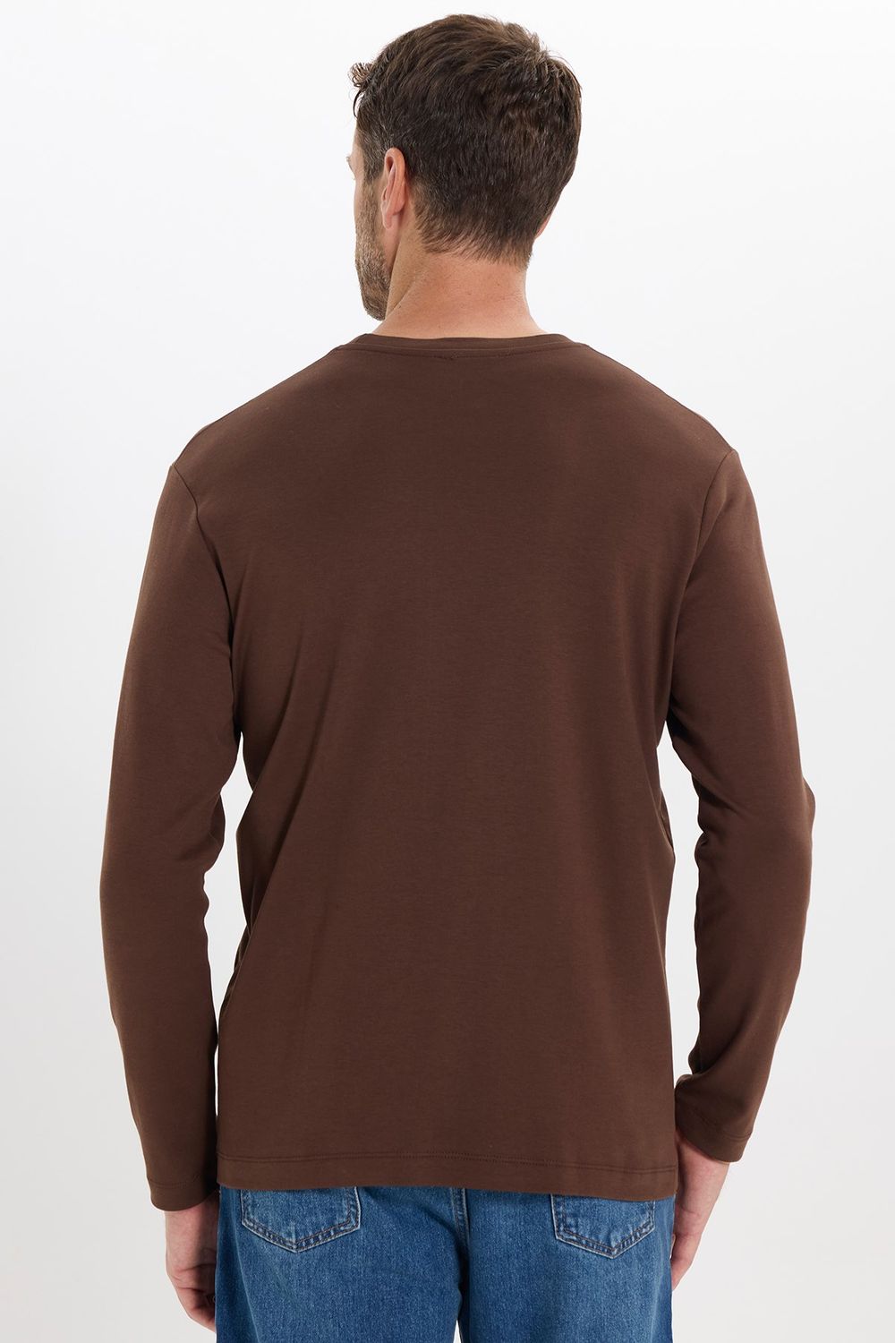 Unisex Relax Fit Rahat Kesim %100 Pamuk Uzun Kollu Bisiklet Yaka Kahverengi Basic Tişört