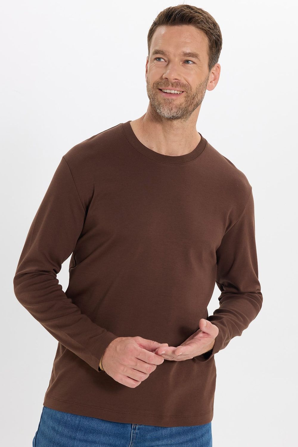 Unisex Relax Fit Rahat Kesim %100 Pamuk Uzun Kollu Bisiklet Yaka Kahverengi Basic Tişört
