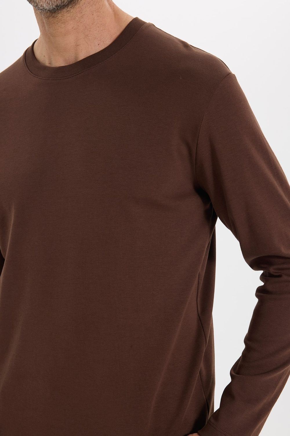 Unisex Relax Fit Rahat Kesim %100 Pamuk Uzun Kollu Bisiklet Yaka Kahverengi Basic Tişört