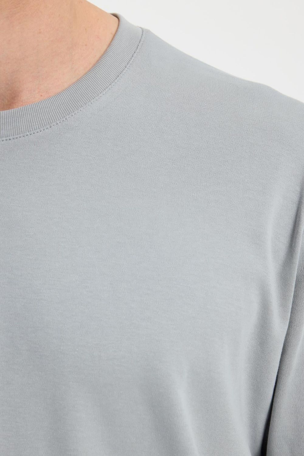 Unisex Relax Fit Rahat Kesim %100 Pamuk Uzun Kollu Bisiklet Yaka Gri Basic Tişört