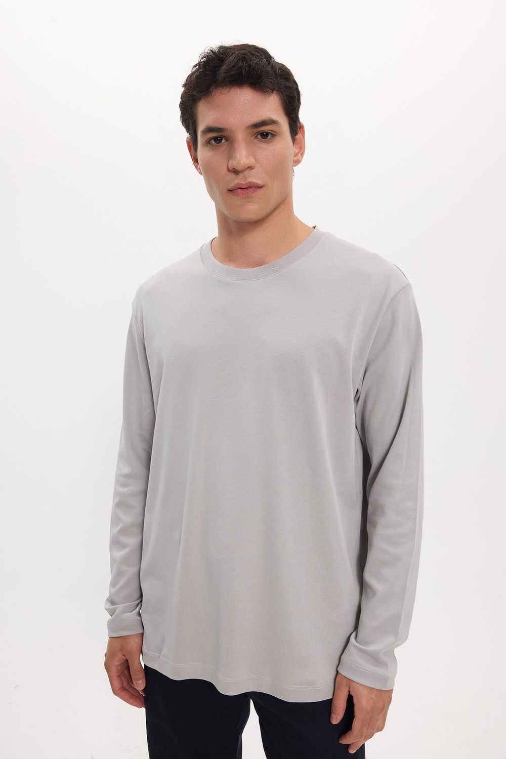 Unisex Relax Fit Rahat Kesim %100 Pamuk Uzun Kollu Bisiklet Yaka Gri Basic Tişört
