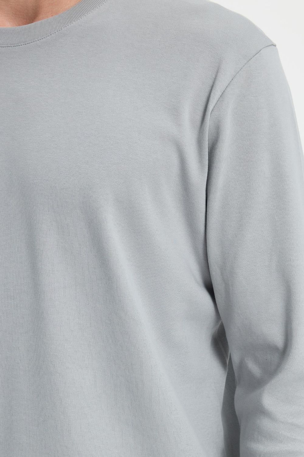 Unisex Relax Fit Rahat Kesim %100 Pamuk Uzun Kollu Bisiklet Yaka Gri Basic Tişört