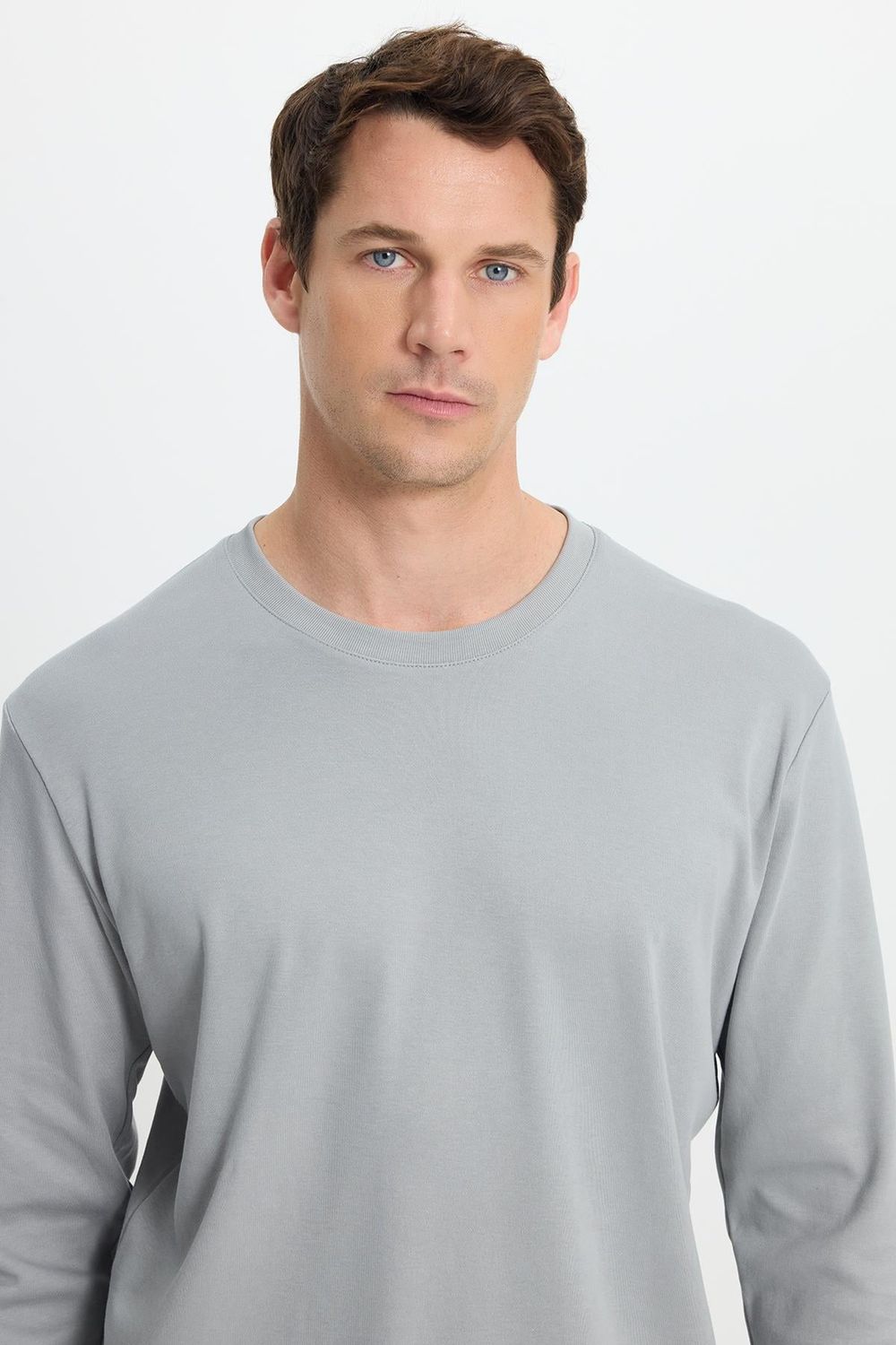Unisex Relax Fit Rahat Kesim %100 Pamuk Uzun Kollu Bisiklet Yaka Gri Basic Tişört