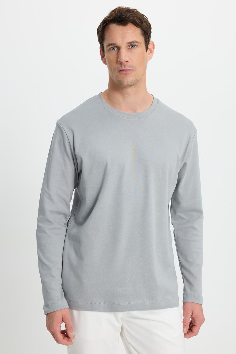 Unisex Relax Fit Rahat Kesim %100 Pamuk Uzun Kollu Bisiklet Yaka Gri Basic Tişört