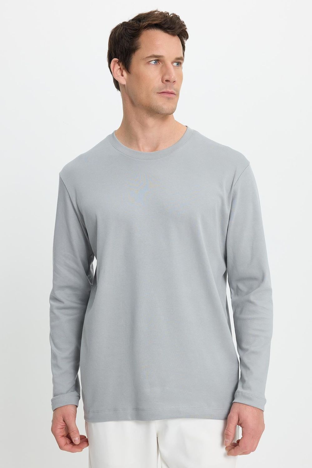 Unisex Relax Fit Rahat Kesim %100 Pamuk Uzun Kollu Bisiklet Yaka Gri Basic Tişört