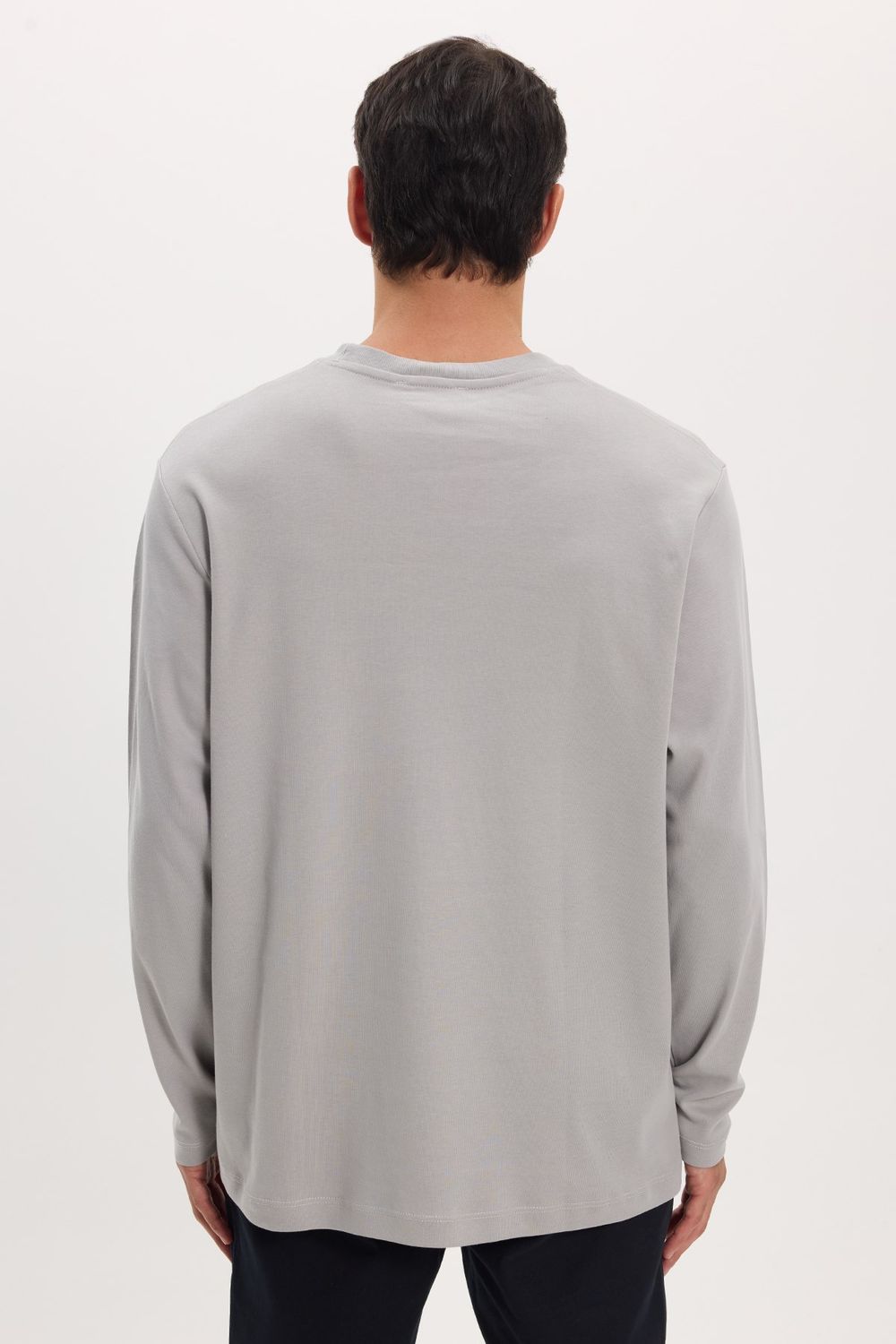 Unisex Relax Fit Rahat Kesim %100 Pamuk Uzun Kollu Bisiklet Yaka Gri Basic Tişört