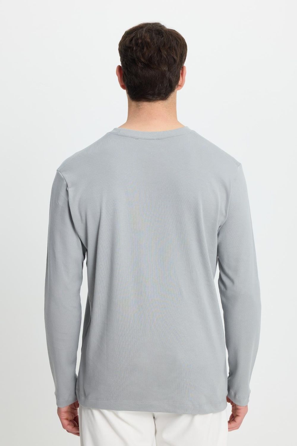 Unisex Relax Fit Rahat Kesim %100 Pamuk Uzun Kollu Bisiklet Yaka Gri Basic Tişört