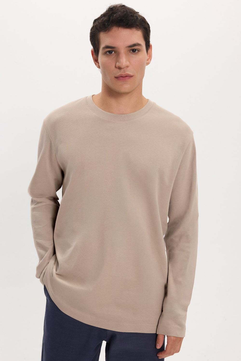 Unisex Relax Fit Rahat Kesim %100 Pamuk Uzun Kollu Bisiklet Yaka Haki Tişört