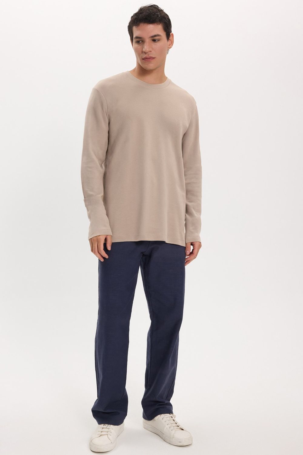 Unisex Relax Fit Rahat Kesim %100 Pamuk Uzun Kollu Bisiklet Yaka Haki Tişört