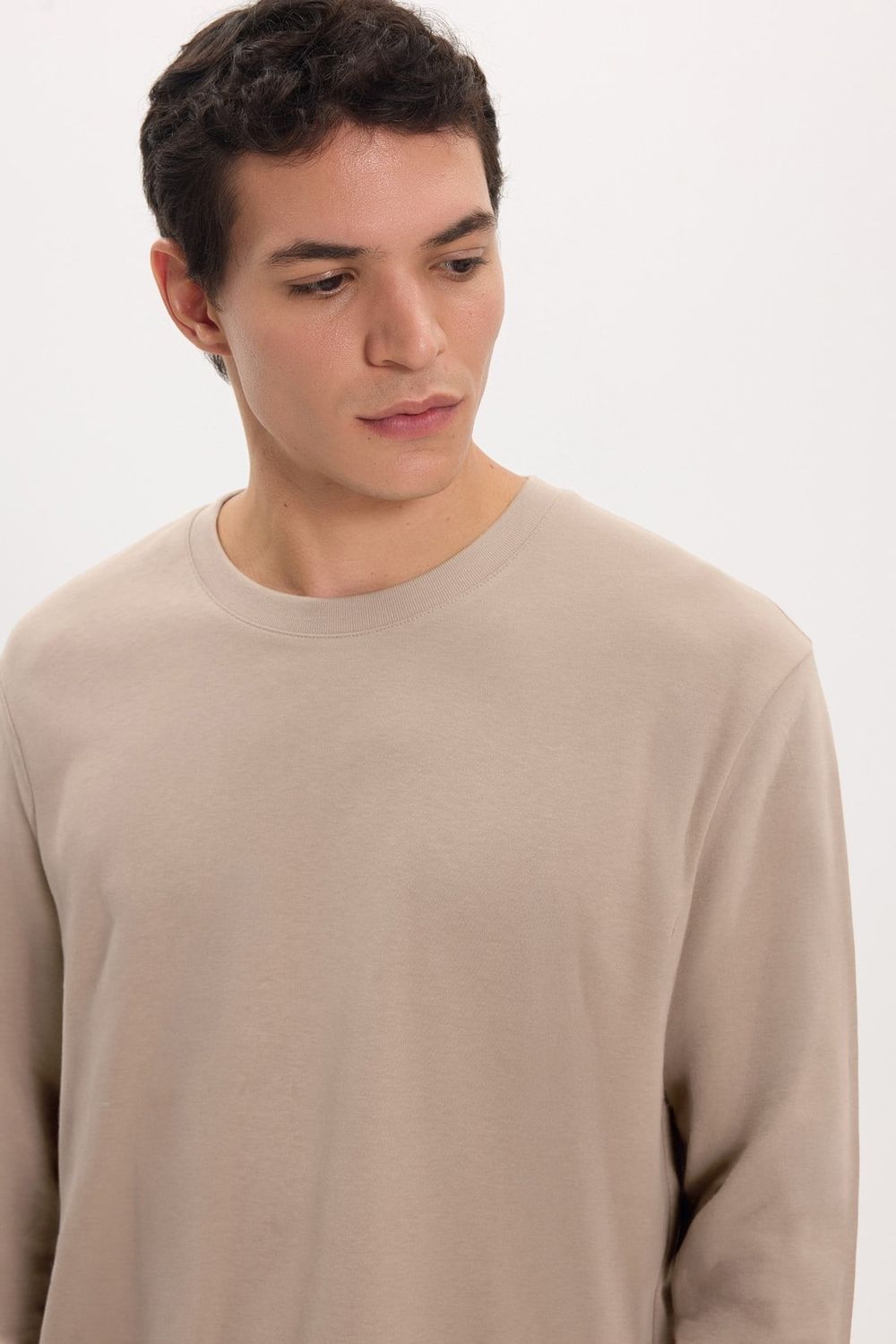 Unisex Relax Fit Rahat Kesim %100 Pamuk Uzun Kollu Bisiklet Yaka Haki Tişört