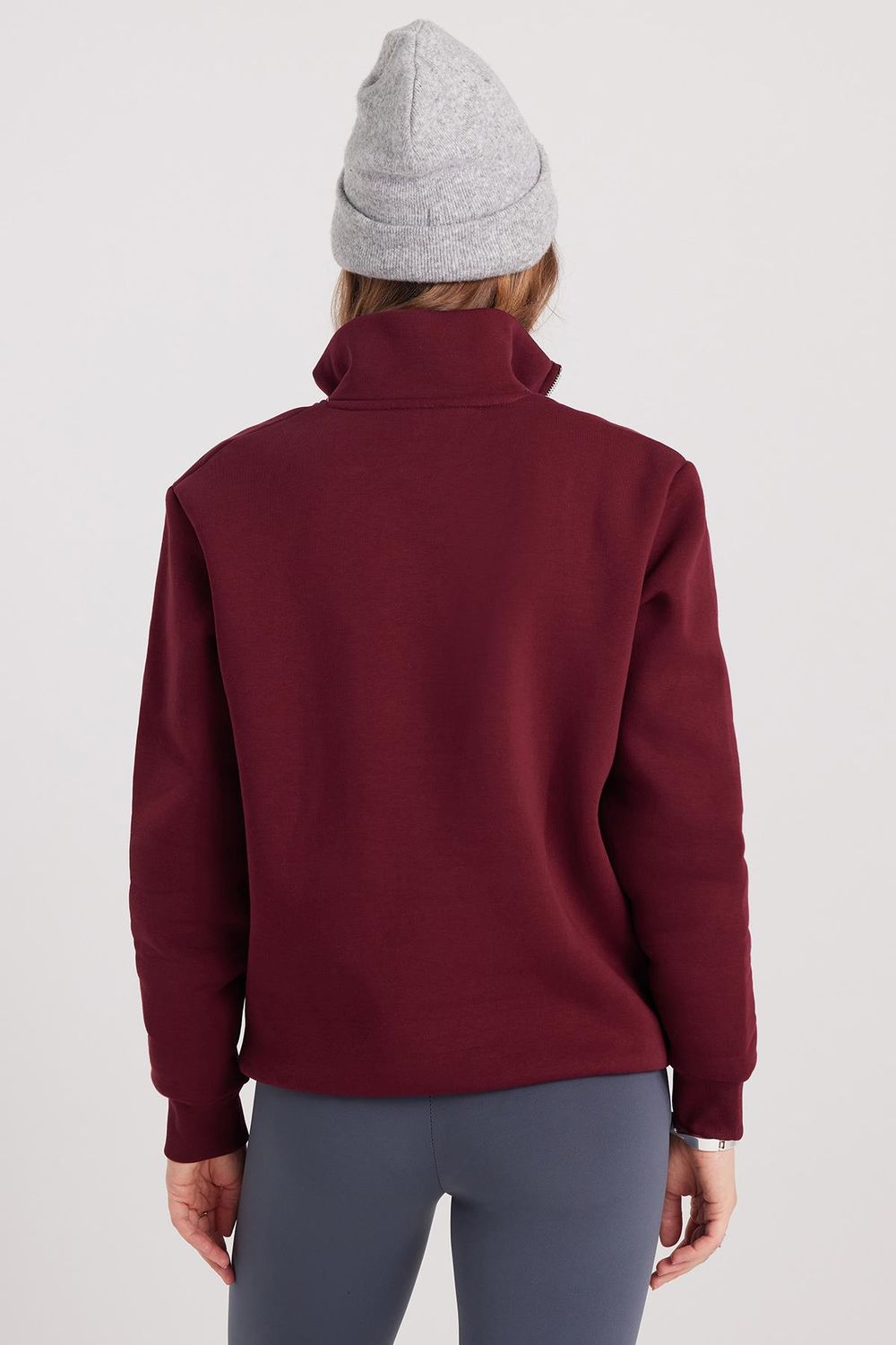 Kadın Relax Fit Rahat Kesim Pamuklu İçi Polarlı Yarım Fermuarlı Bordo Dik Yaka Sweatshirt
