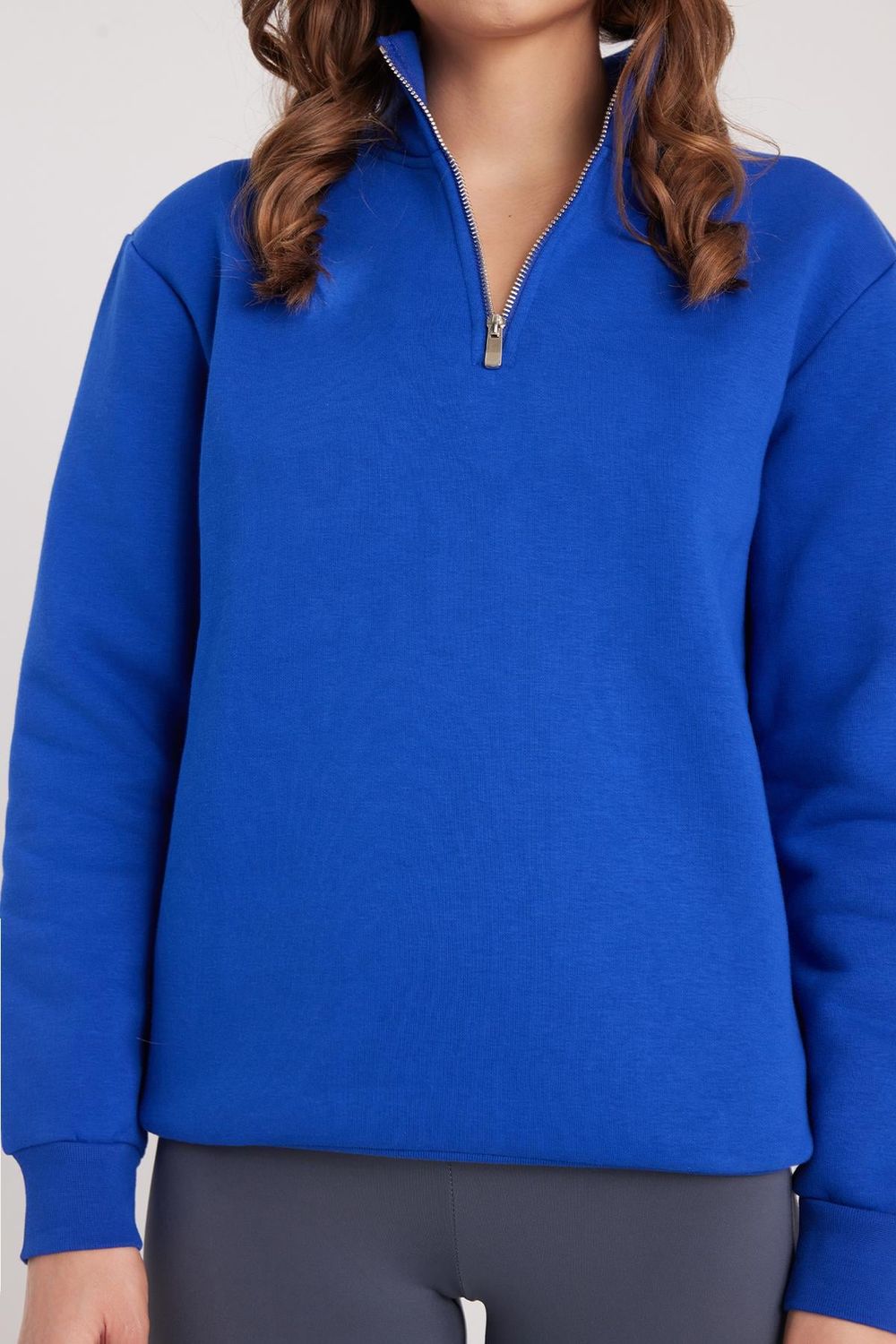 Kadın Relax Fit Rahat Kesim Pamuklu İçi Polarlı Yarım Fermuarlı Sax Mavi Dik Yaka Sweatshirt