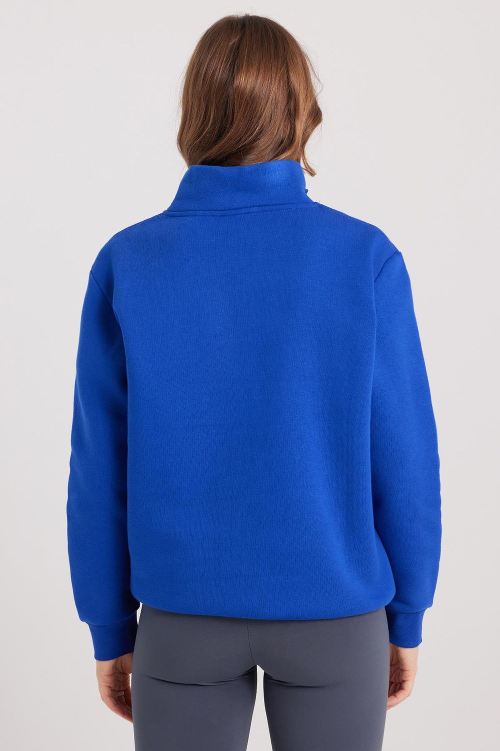Kadın Relax Fit Rahat Kesim Pamuklu İçi Polarlı Yarım Fermuarlı Sax Mavi Dik Yaka Sweatshirt