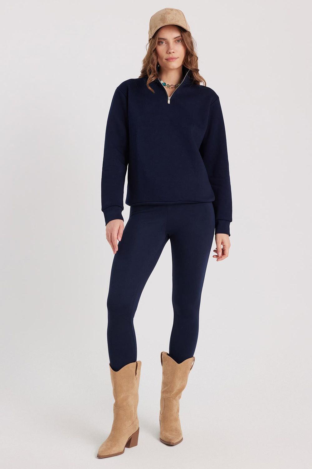 Kadın Relax Fit Rahat Kesim Pamuklu İçi Polarlı Yarım Fermuarlı Lacivert Dik Yaka Sweatshirt