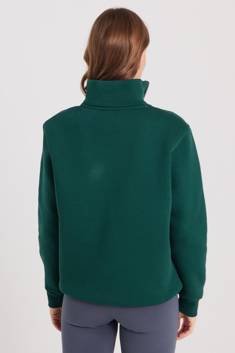 Kadın Relax Fit Rahat Kesim Pamuklu İçi Polarlı Yarım Fermuarlı Haki Dik Yaka Sweatshirt