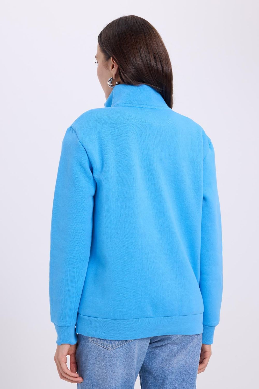 Kadın Relax Fit Rahat Kesim Pamuklu İçi Polarlı Yarım Fermuarlı Mavi Dik Yaka Sweatshirt