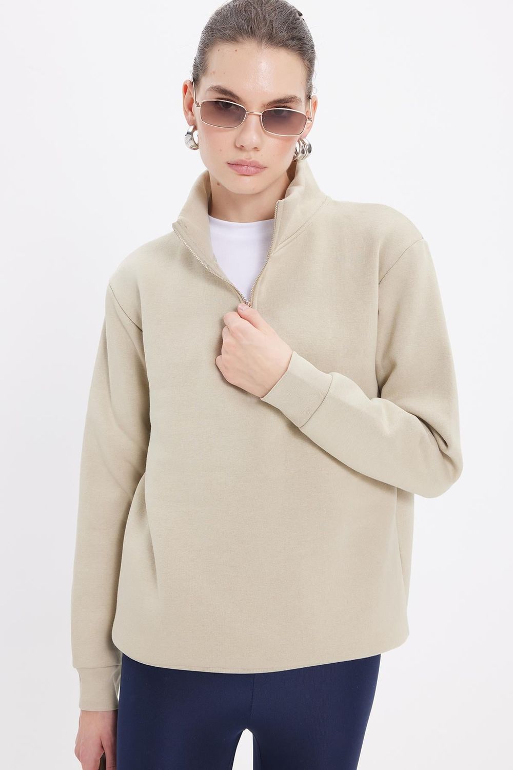 Pamuklu Dik Yaka Fermuarlı Kadın Sweatshirt