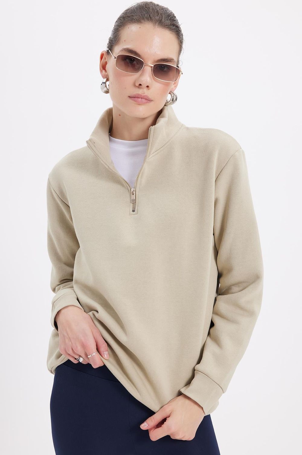 Pamuklu Dik Yaka Fermuarlı Kadın Sweatshirt