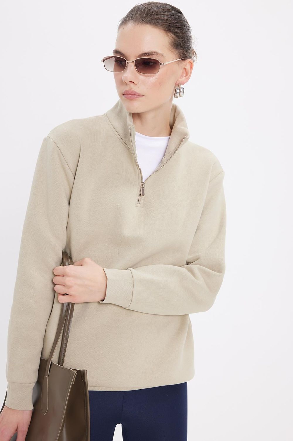 Pamuklu Dik Yaka Fermuarlı Kadın Sweatshirt