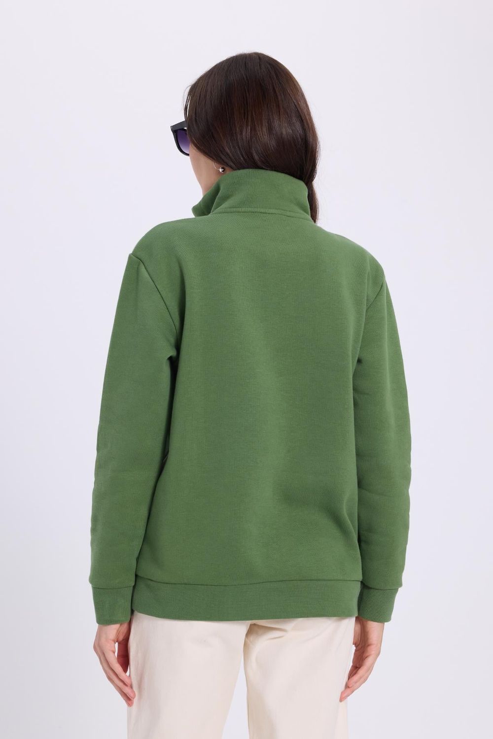 Kadın Relax Fit Rahat Kesim Pamuklu İçi Polarlı Yarım Fermuarlı Yeşil Dik Yaka Sweatshirt