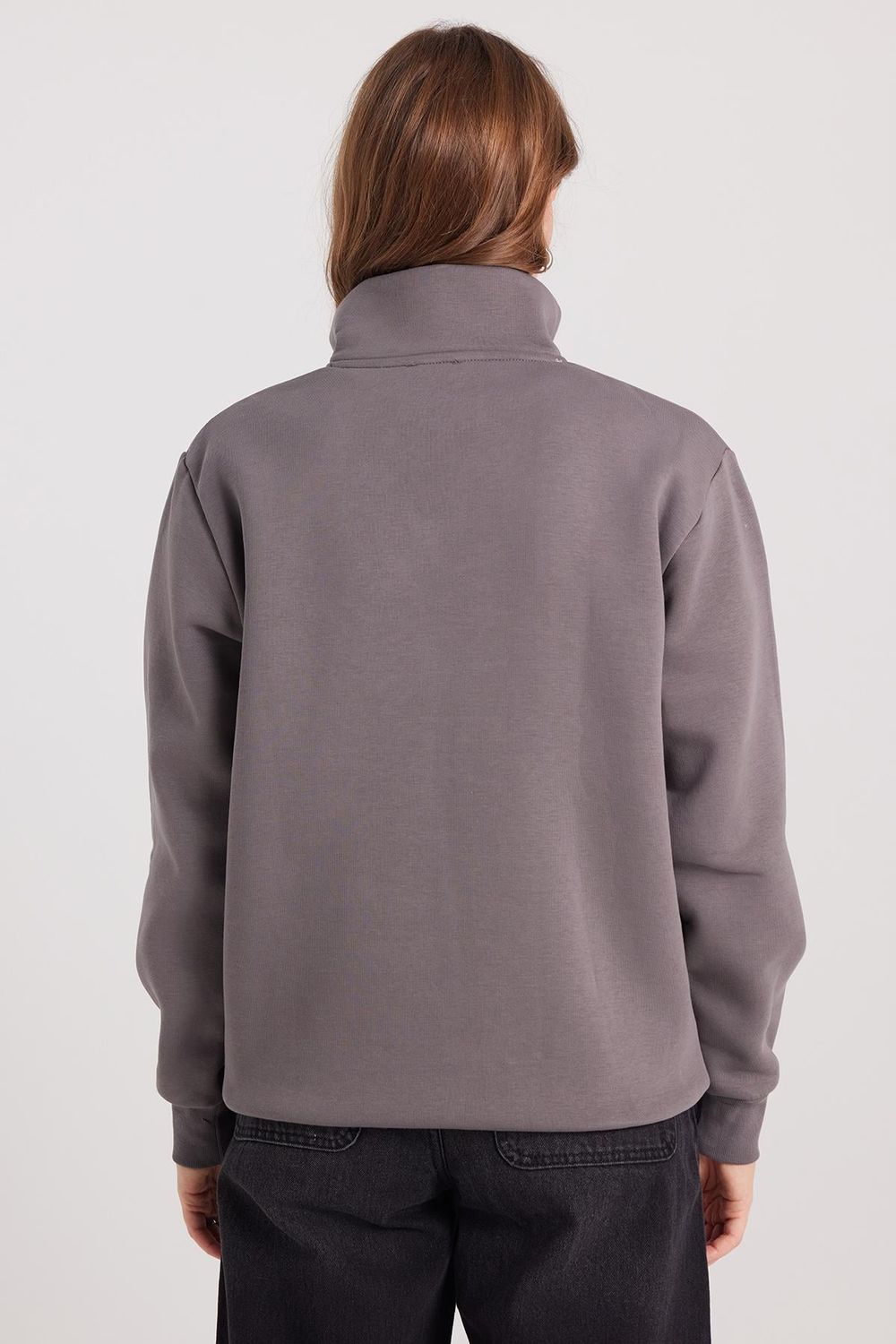 Kadın Relax Fit Rahat Kesim Pamuklu İçi Polarlı Yarım Fermuarlı Gri Dik Yaka Sweatshirt