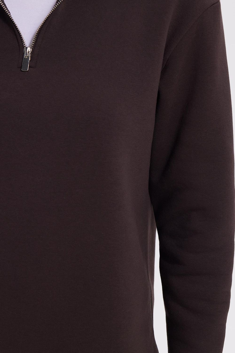 Kadın Relax Fit Rahat Kesim Pamuklu İçi Polarlı Yarım Fermuarlı Kahverengi Dik Yaka Sweatshirt