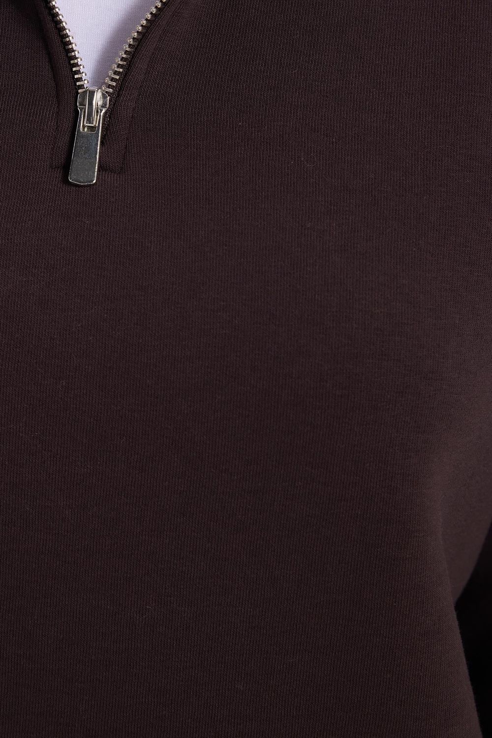 Kadın Relax Fit Rahat Kesim Pamuklu İçi Polarlı Yarım Fermuarlı Kahverengi Dik Yaka Sweatshirt