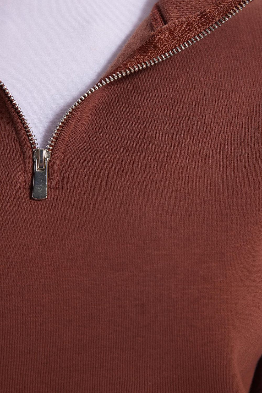 Kadın Relax Fit Rahat Kesim Pamuklu İçi Polarlı Yarım Fermuarlı Kahverengi Dik Yaka Sweatshirt