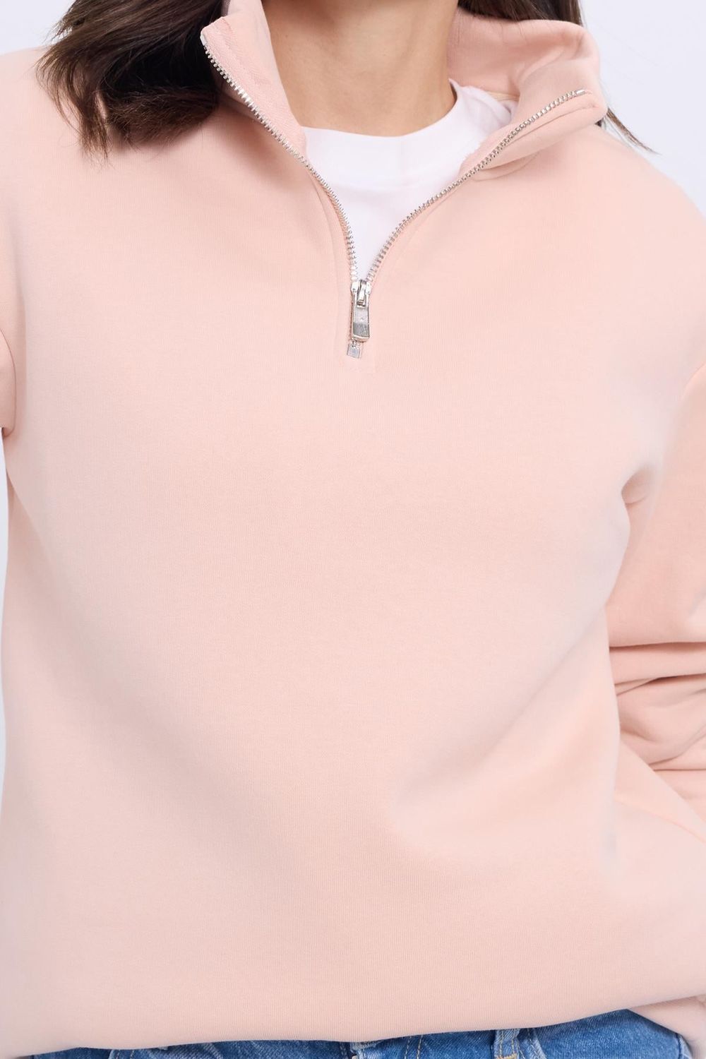 Kadın Relax Fit Rahat Kesim Pamuklu İçi Polarlı Yarım Fermuarlı Somon Dik Yaka Sweatshirt