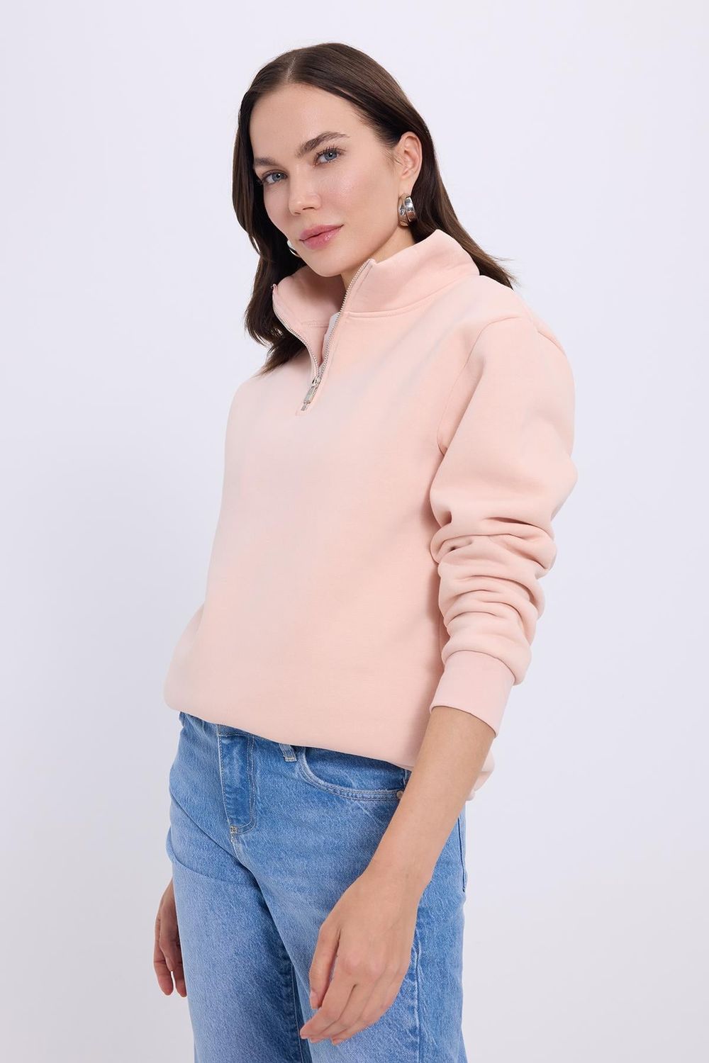 Kadın Relax Fit Rahat Kesim Pamuklu İçi Polarlı Yarım Fermuarlı Somon Dik Yaka Sweatshirt