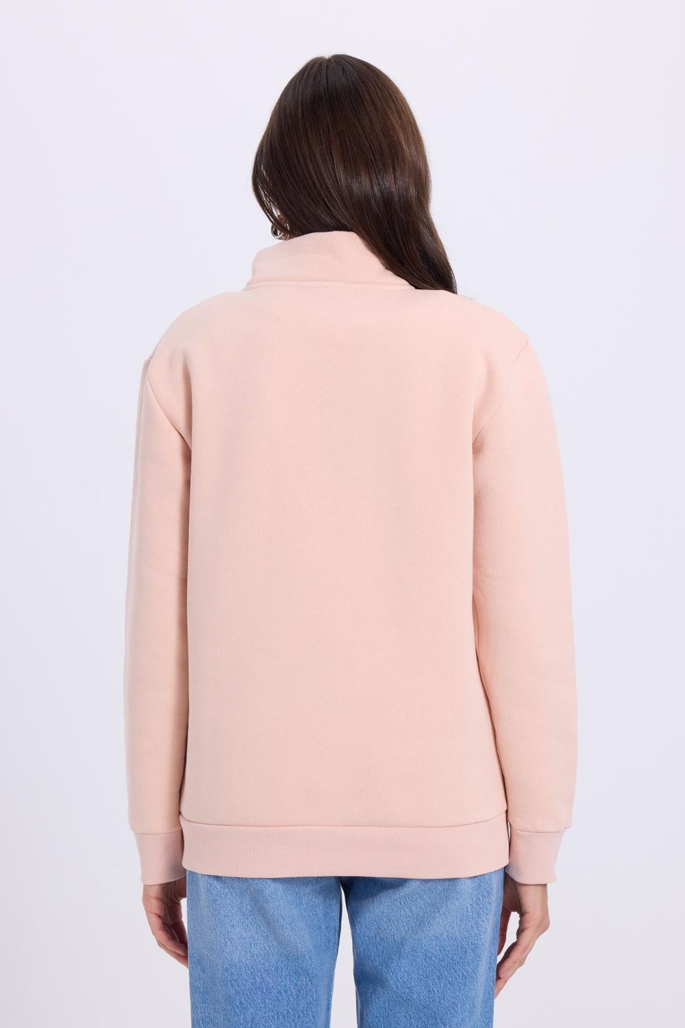 Kadın Relax Fit Rahat Kesim Pamuklu İçi Polarlı Yarım Fermuarlı Somon Dik Yaka Sweatshirt