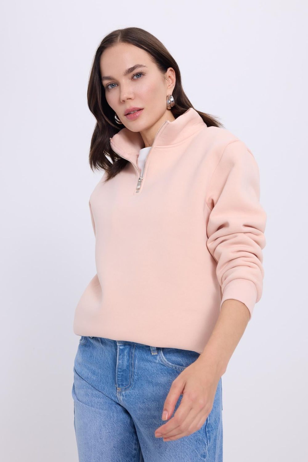 Kadın Relax Fit Rahat Kesim Pamuklu İçi Polarlı Yarım Fermuarlı Somon Dik Yaka Sweatshirt