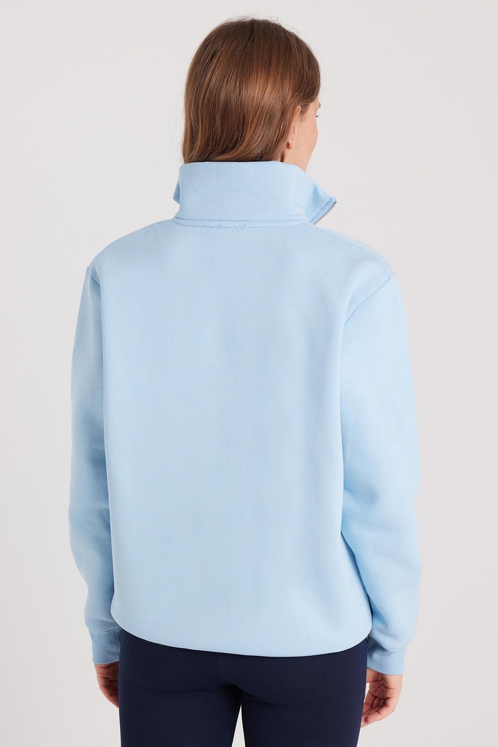Kadın Relax Fit Rahat Kesim Pamuklu İçi Polarlı Yarım Fermuarlı Mavi Dik Yaka Sweatshirt